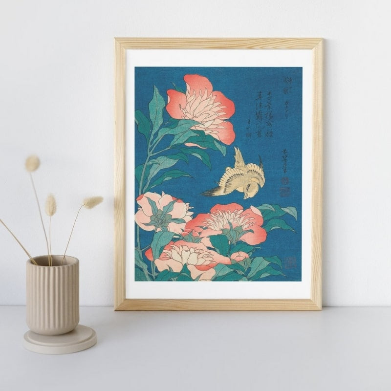 Japanse pioenrozen & kanarie Print - A3
