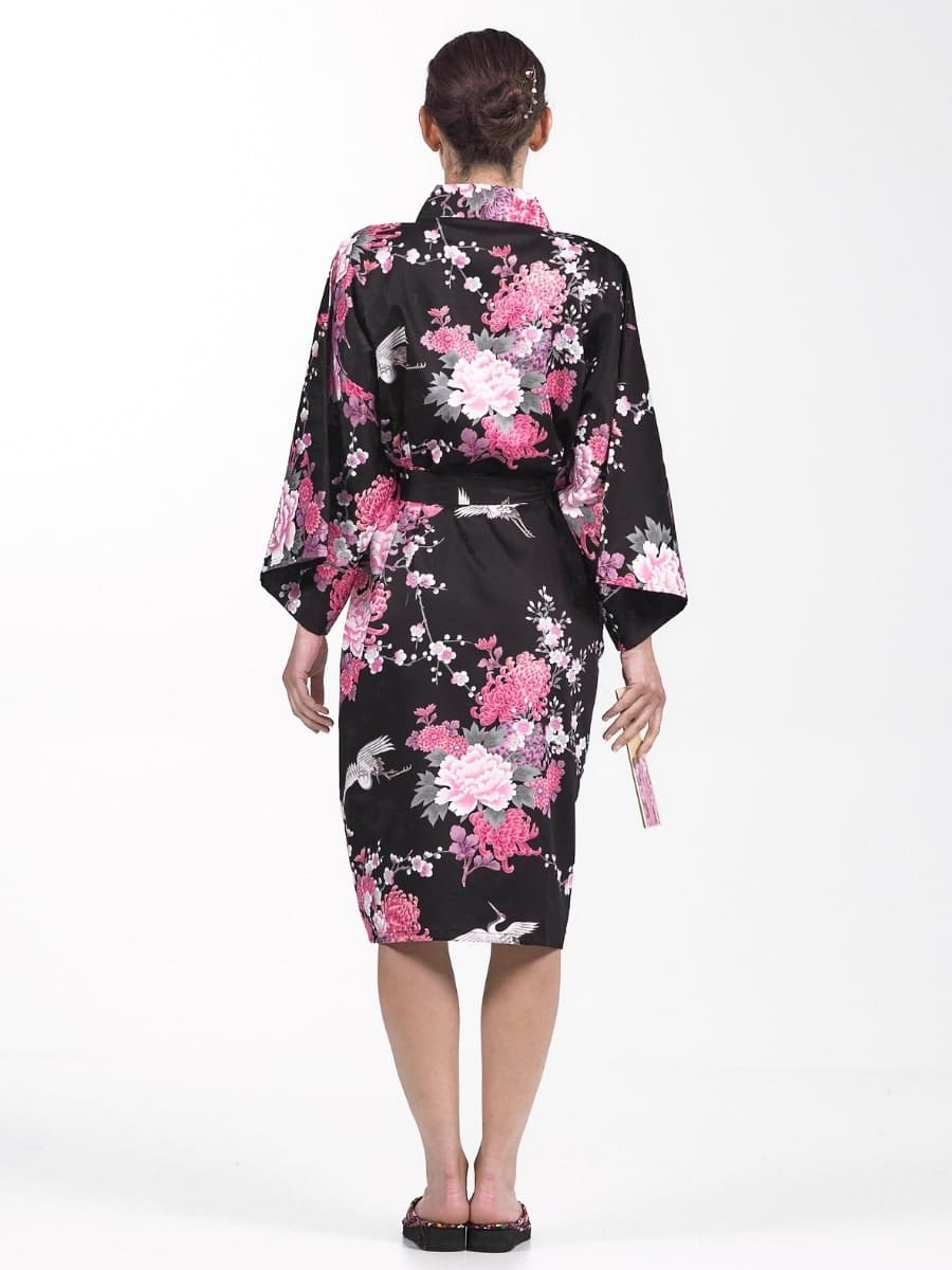 Happi Kimono Dames – Zwart Kraanvogel & Bloemen One size