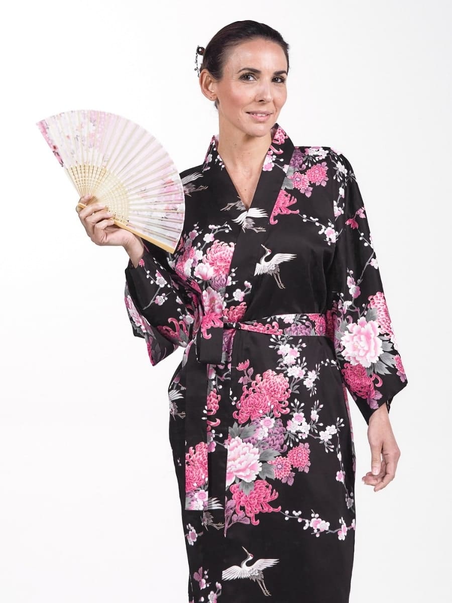 Happi Kimono Dames – Zwart Kraanvogel & Bloemen One size