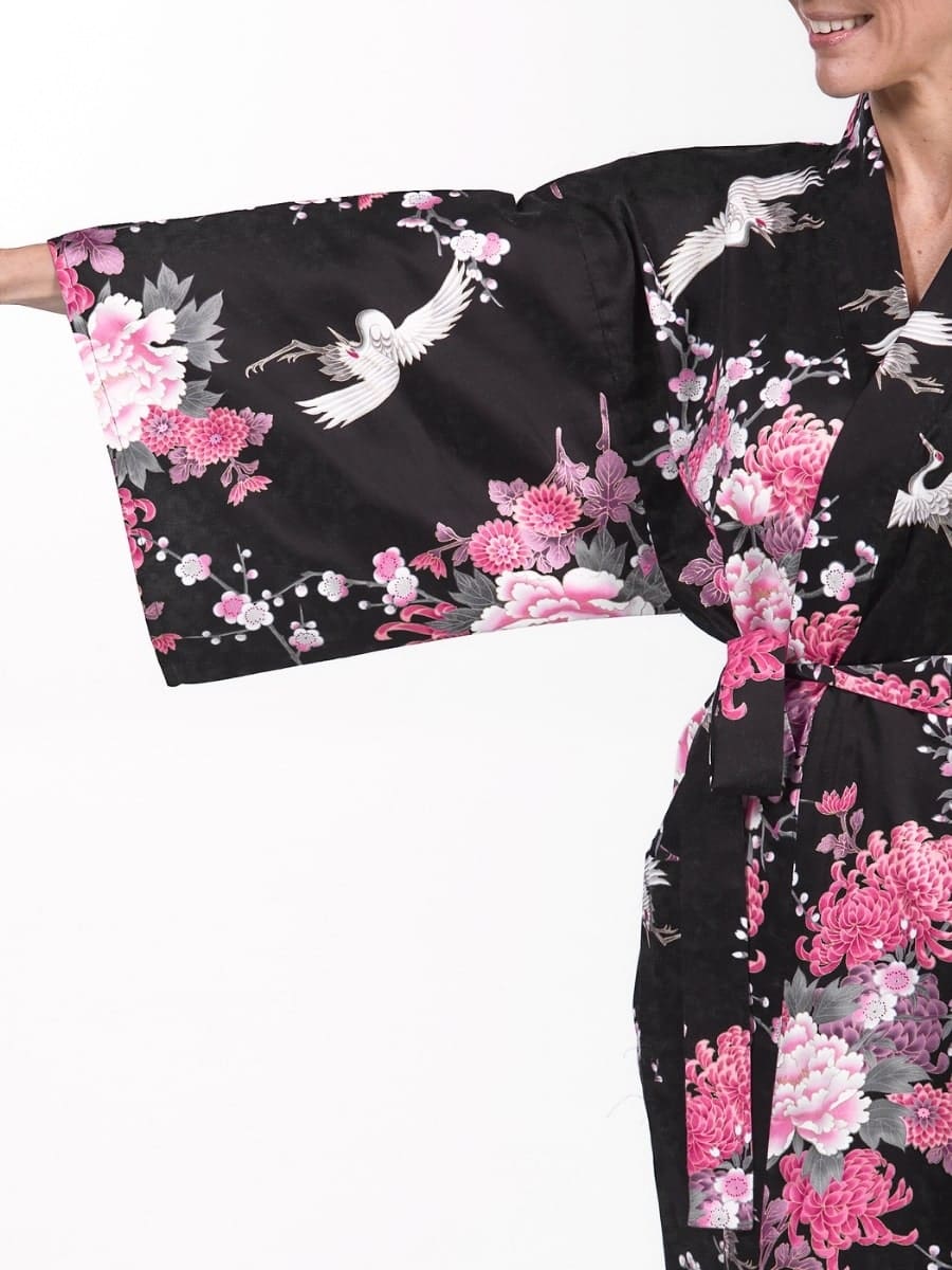 Happi Kimono Dames – Zwart Kraanvogel & Bloemen One size