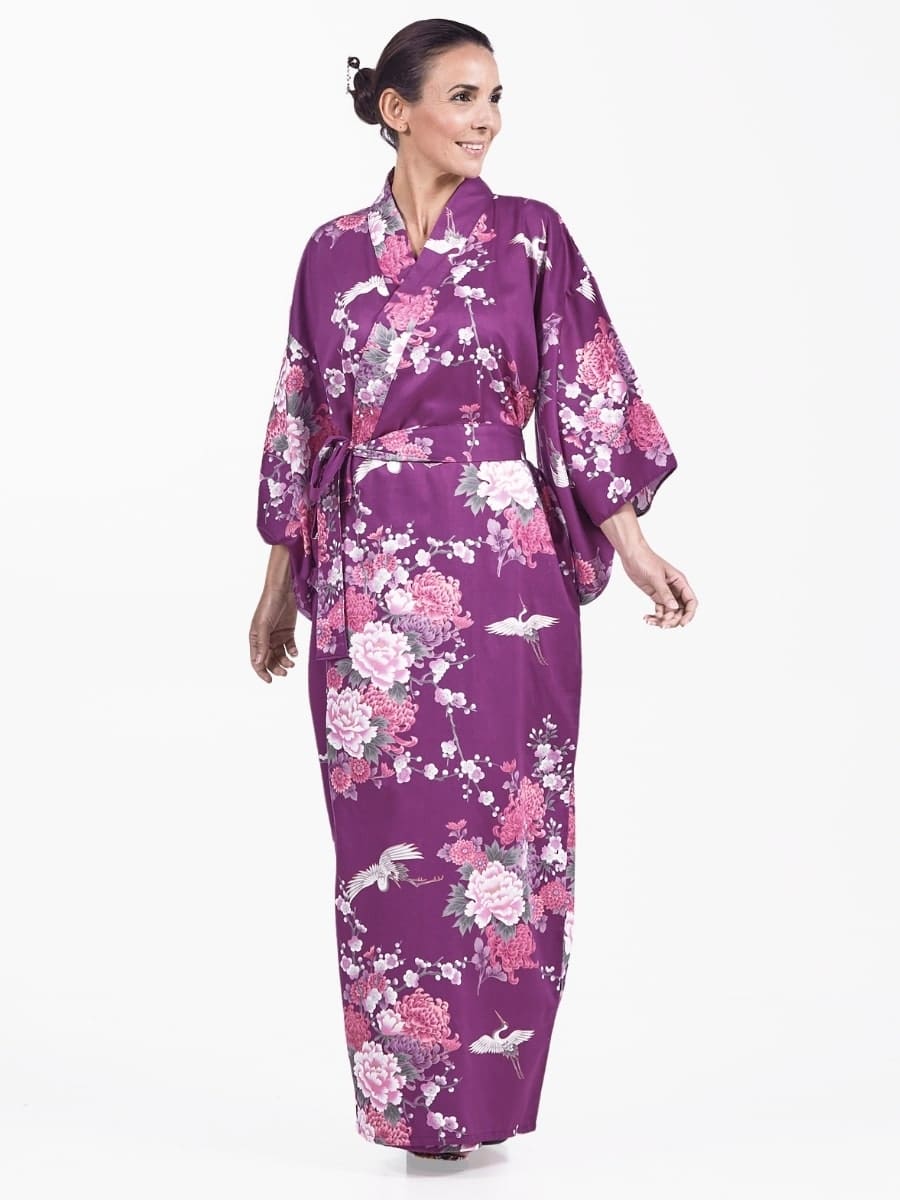 Kimono Dames – Paars Pioen & Kraanvogel One size