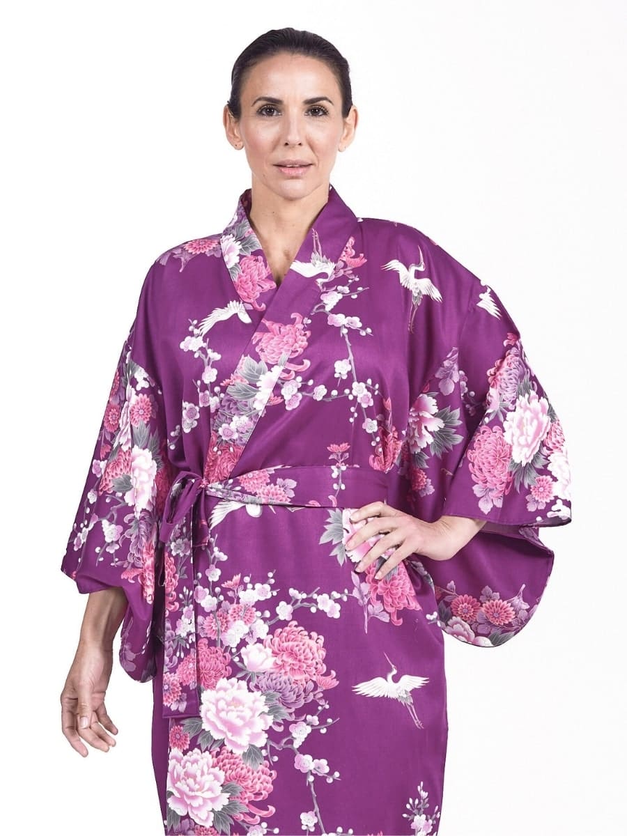 Kimono Japonais Femme Violet Pivoine & Grue - Taille unique