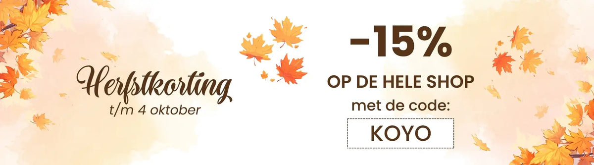 Promotionele banner met herfstthema met oranje esdoornbladeren en een kortingscode van 15% voor de hele winkel.