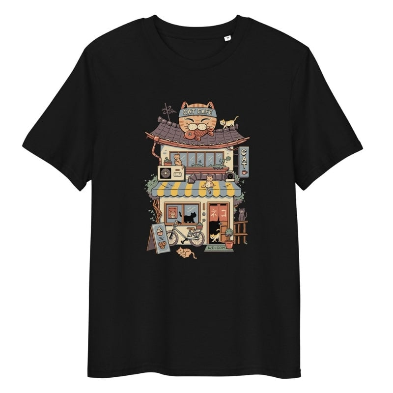 Japans T-shirt Neko Café - S / Zwart