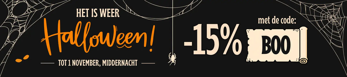 Zwarte Halloween-promotiebanner met oranje en witte tekst waarin een korting van 15% wordt geadverteerd met de code „boo” tot en met 1 november.