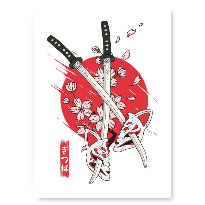 Japanse Kitsune &amp; Katana Poster - A3