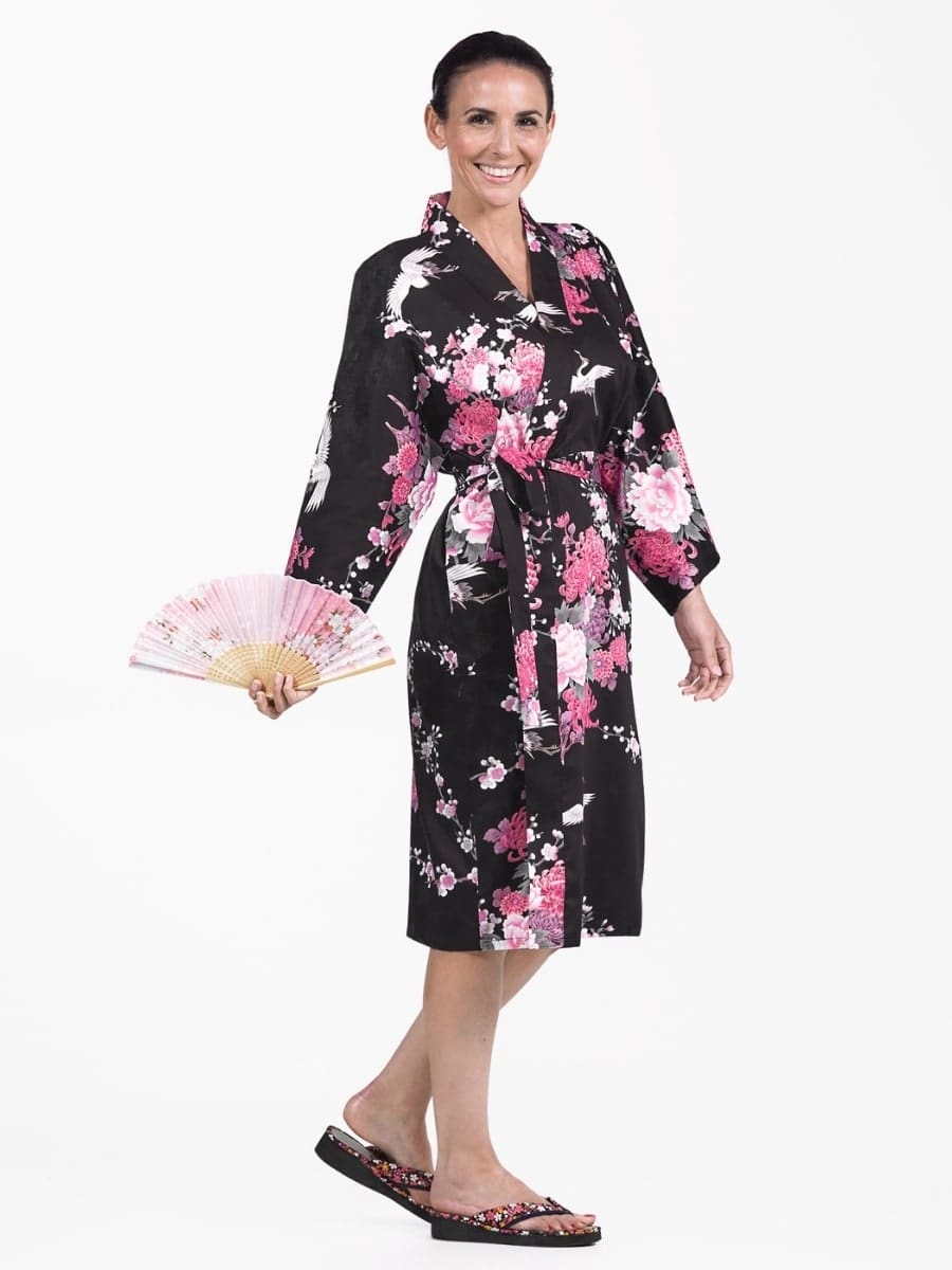 Happi Kimono Dames – Zwart Kraanvogel & Bloemen One size