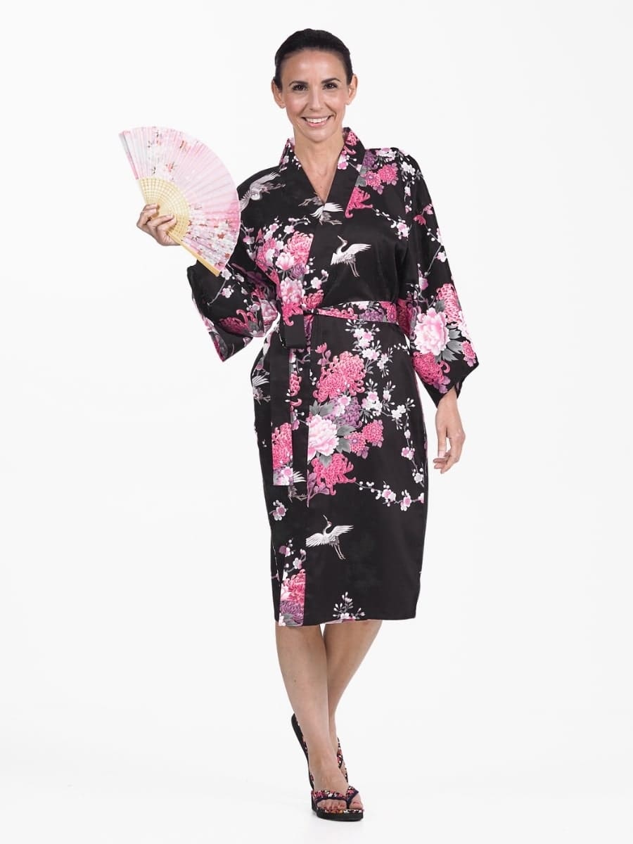 Happi Kimono Dames – Zwart Kraanvogel & Bloemen One size