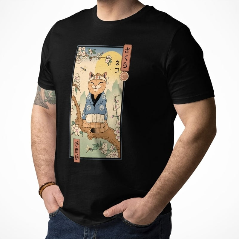 Japans T-Shirt - Ukiyo-e Neko Sakura