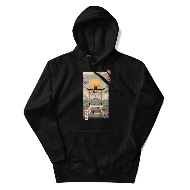 Japanse Hoodie - Ukiyo-e Neko Inari S / Zwart