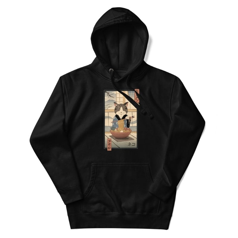 Japanse Hoodie - Ukiyo-e Neko Ramen S / Zwart