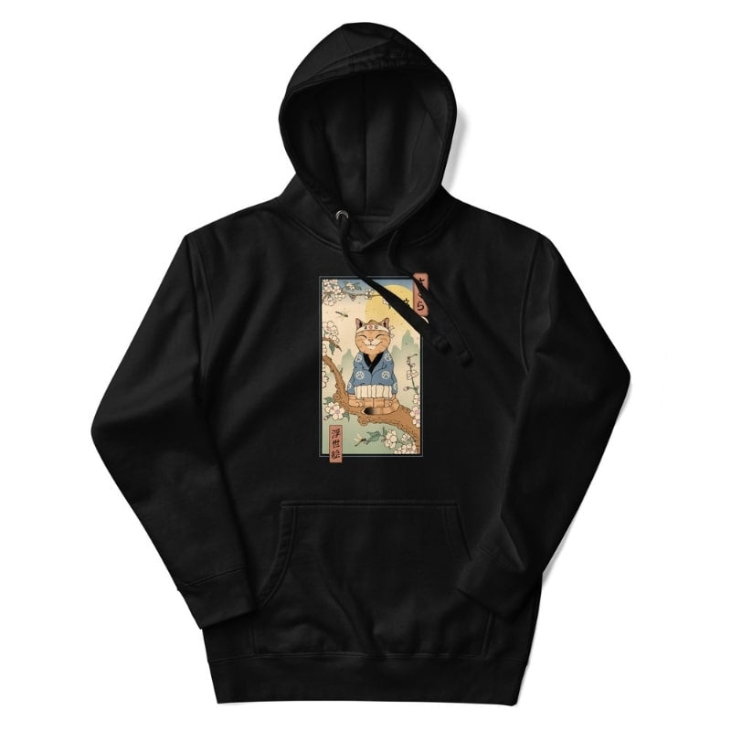 Japanse Hoodie - Ukiyo-e Neko Sakura S / Zwart