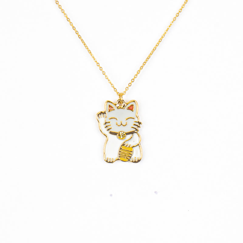 Japanse Ketting met Hanger – Maneki-Neko in Wit en Goud