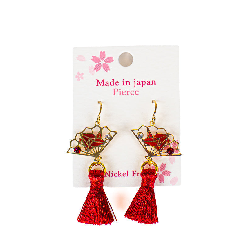 Japanse Oorbellen – Sensu-waaier Origamikraanvogel & Rode Kwast