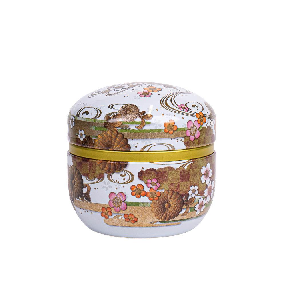 Ronde Japanse Metalen Theebus - Bloemen Wit
