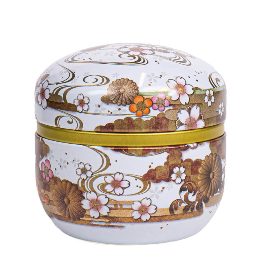 Ronde Japanse Metalen Theebus - Bloemen Wit