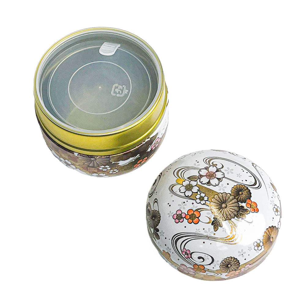 Ronde Japanse Metalen Theebus - Bloemen Wit