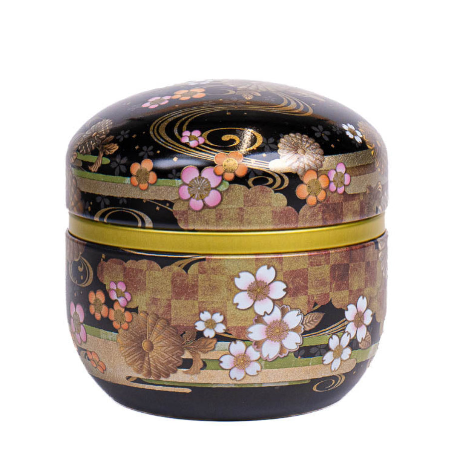 Ronde Japanse Metalen Theebus - Bloemen Zwart