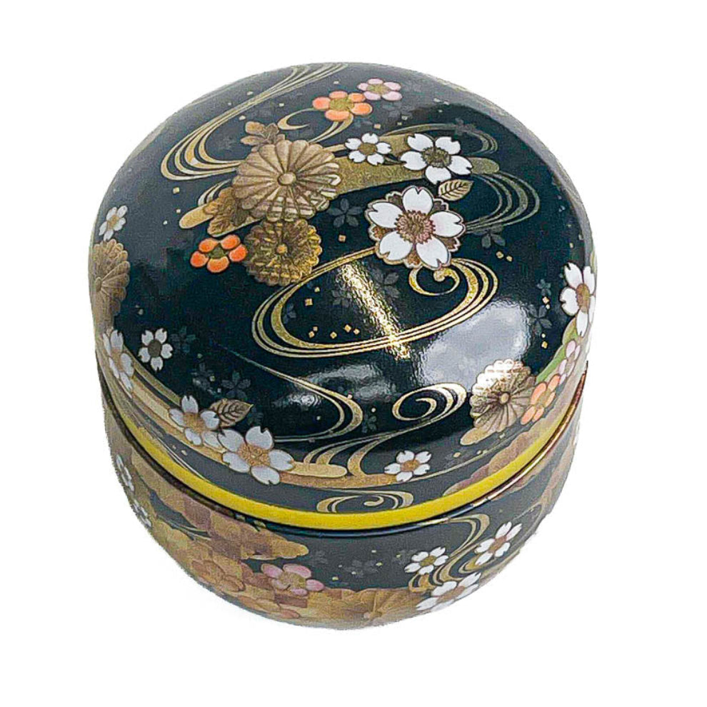 Ronde Japanse Metalen Theebus - Bloemen Zwart