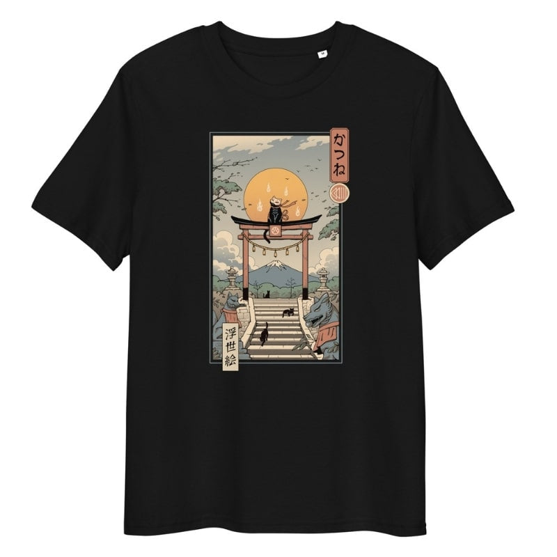 Japans Ukiyo-e Neko Inari T-shirt - S / Zwart