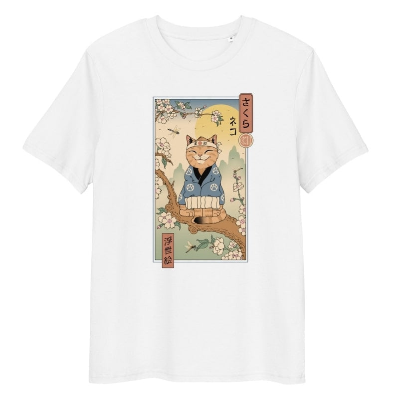 Japans Ukiyo-e Neko Sakura T-shirt - S / Wit