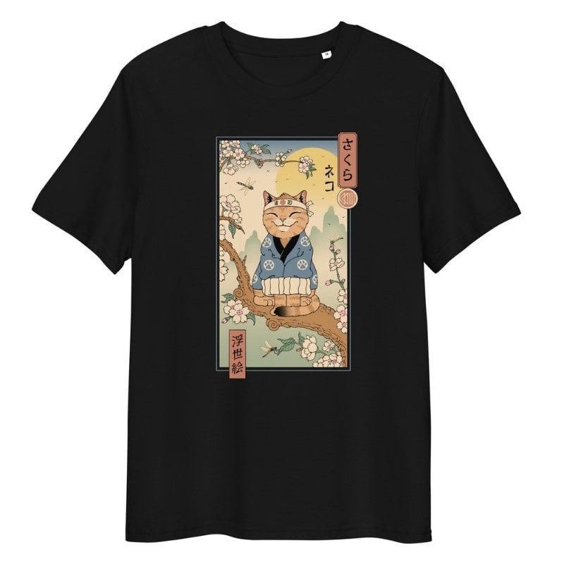 Japans Ukiyo-e Neko Sakura T-shirt - S / Zwart