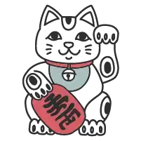 Zwarte stripfiguurkat met een roodomrande bril en met een roze rechthoekig bord met Chinese tekens.